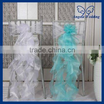 CH098A New 2015 Wholesale Nice Cheap Organza Wedding Ruffled Curly Willow Blue and White Chair Sash