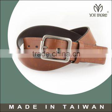 Brown color embossing pu leather belt with pin roller buckle