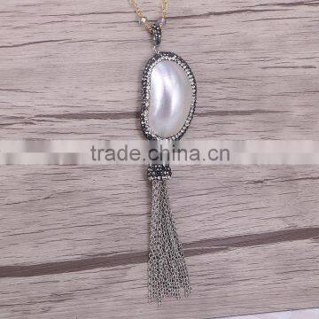 Natural White Shell with Metal Tassel Jewelry Pendant, Pave Crystal Zircon Shell Gem Charms For Jewelry Making