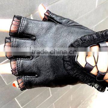 Women Black Lace Gloves Half Finger Soft Genuine Sheepskin Leather Gloves Ladies Dance Costume Sexy Driving Gloves