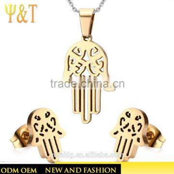 Jingli jewelry factory direct evil eyes shaped dubai gold plated jewelry sets fashion stainless steel hames hand jewelry