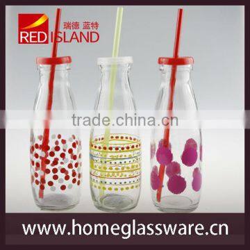 nice decal glass milk bottle glass juice bottle with plastic lid