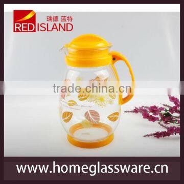 decal glass water pot with plastic handle&lip