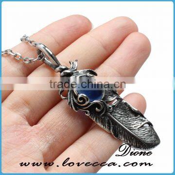Big Blue Stone Mens Womens Vintage Feather Stainless Steel Pendant photo-4