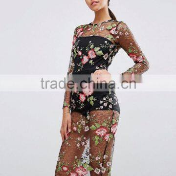 Lace Floral Mesh with appliqued Dress with Bodysuit