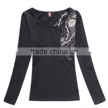 2014 long sleeve big size embroidery V neck t shirt women