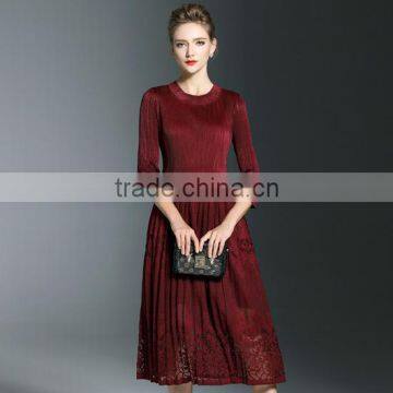 Slim pleat hollow out lace elastic 3/4 sleeve dresses for women