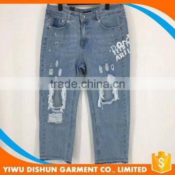 Women good quality fashion print worn brand blue jeans with holes