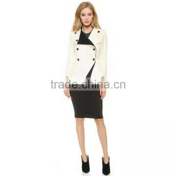 HAODUOYI Women White Color Block Button Front Asymmetrical Blazer photo-5