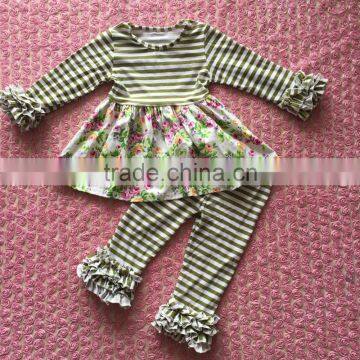 Green Stripes Long Floral Designs Ruffles Wholesale Baby Set Toddler Girl Clothes Boutique Baby Stripe Icing Leggings Outfit