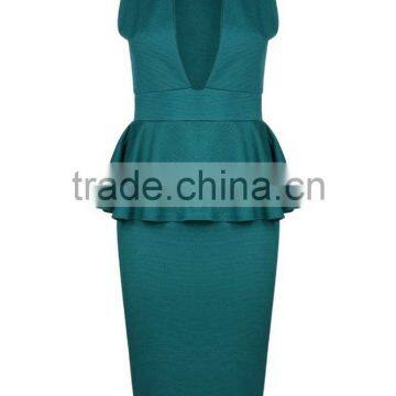Yihao OEM Factory 2016 Women New Summer Latest Designs V Neck Midi Peplum Dress Fashion for Ladies photo-2
