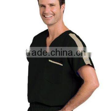 Men's V-Neck Medical Scrub Top With Contrast Stripe on Shoulder and Pocket photo-2