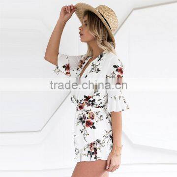 2017 New Chiffon White Chiffon Romper , Women Floral Jumpsuits photo-2