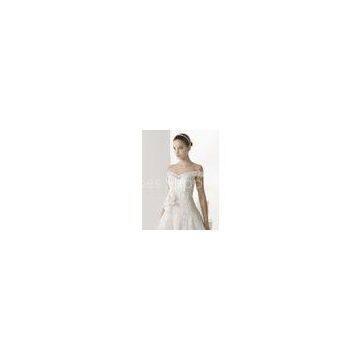 A-Line Off-Shoulder Lace Womens Wedding Dresses With Applique Hand Made Flower Covered  Button Sweep