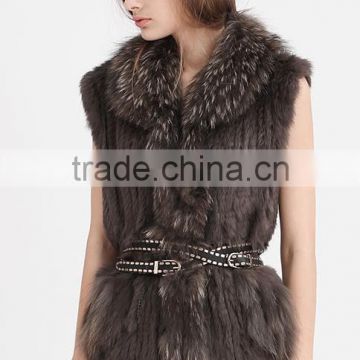 YR644 Women Genuine Rabbit Hand knit with Raccoon Fur Waistcoat Yanran Fur Factory OEM Order Fur Gilet