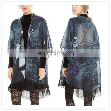 Summer Printed Sheer Kimono Cardigan With Fringe Hem