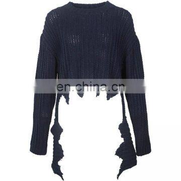 Women lastest design distressted chunky knit sweater 2018