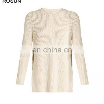 Women Round Neck Ribbed Knit Cotton Blend Sweater