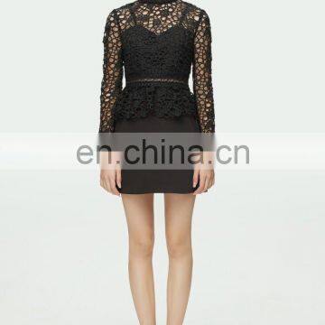 ladies formal wear women long sleeve black pelpum lace turtleneck dresses