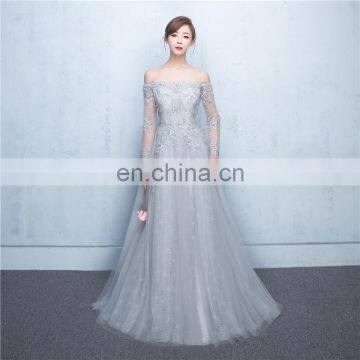 Elegant Grey Tulle Off-The-Shoulder Long Sleeve Beaded Zipper Appliqued A Line Floor Length Hollow Evening Dress