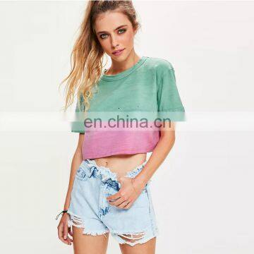 Summer Short Sleeve Distressed Tie-dye Cropped Women t Shirt photo-2