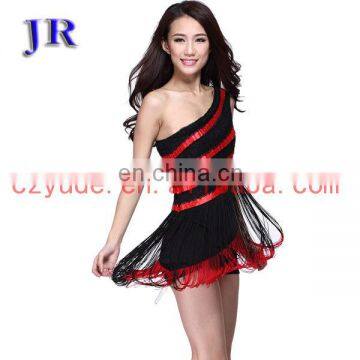 L-7003 One shoulder tassel black and red Latin dance dress