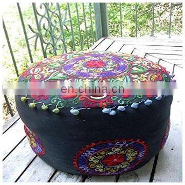 Black Color Round Ottoman Cover, Suzani Embroidered Pouf Cover