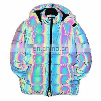 Custom High Visibility Color Changing Rainbow Trendy Nightlife Trench Coat Outdoor Casual Bubble Coat Reflective Jacket