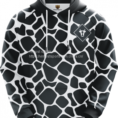 Customized Sublimation Hoodie of  Black and White Colors with White Strings