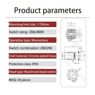 Ip65 30mm Red Mushroom Head Metal 20a 1no 1nc Waterproof on off Switch Switches Momentary photo-2