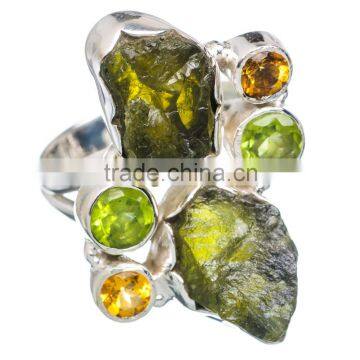 925 SOLID STERLING FINE SILVER ROUGH PERIDOT & CITRINE RING