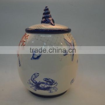 Marine series of embossed 3D hand-painted porcelain canister