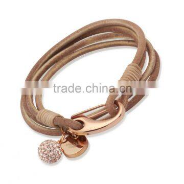 Cheap Leather Bracelet Stainless Steel Clasp Two Layer Engravable Custom Couple Bangle with Crytal Ball