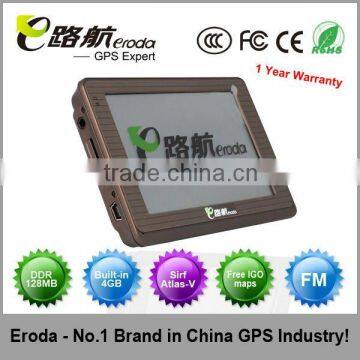 4.3" inch gps navigation,Atlas V,128MB SDRM,built in 4gb/8gb,support FM