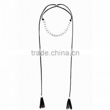 Fashion Changeable Alloy Circle Beads Charms Ornament Black Leather Long Tassel Bolo Tie Necklaces For Women Sweater Decoration photo-4