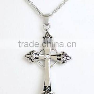 Stainless Steel Pendant: Gothic Cross With Black Inlay, Circle at Back Center and Clear Gem at Center Front