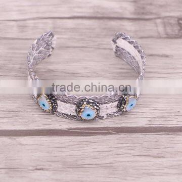 White Snakeskin Bangle With Pave Crystal Evil Eye Shell Bead Leather Width 20mm Cuff Bangles photo-4