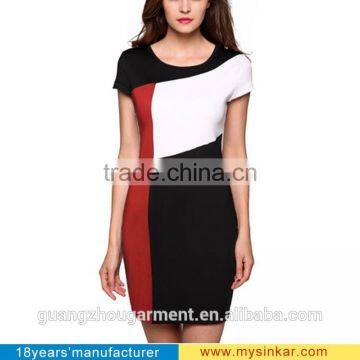 Ladies Women Cap Sleeve Patchwork Contrast Color Stretch Bodycon O-neck Package Hip Casual Party Slim Dress S-3XL photo-2