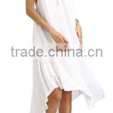 2016 Beach Wear White Spaghetti Strap Tassel Backless Sleeveless V Neck Asymmetrical High Low Midi Dress