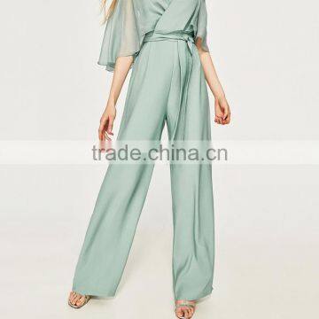 HAODUOYI Light Green Patchwork Women Jumpsuit V-neck Half Sleeve Sashes Elegant Culottes Perspective Lady Jumpsuit for Wholesale photo-4