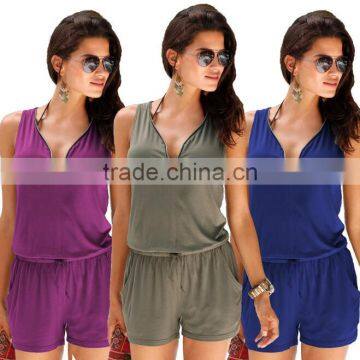 zm50235b europe hot sale women clothes sleeveless v neck jumpsuits pure color lady pants