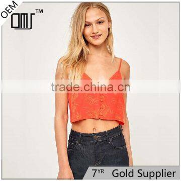 Jacquard low cut spaghetti straps cropped cami womens tank top with buttons