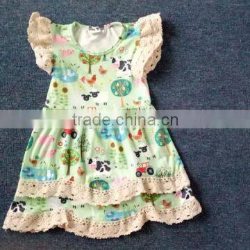 cute girl farm print milk silk dress with lace beautiful summer frocks for children