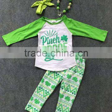 2016 New Baby St.Martin's Day Theme Outfit Girls Spring Suit Green Shirt Aztec Pants With Matching Accessories