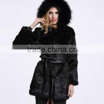 Europe style fox hat in the long section of self - cultivation real rabbit fur whole skin jacket with belt