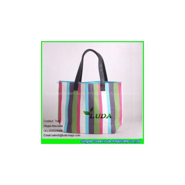 Leather Handles Striped Paper Cloth Straw Beach Bag