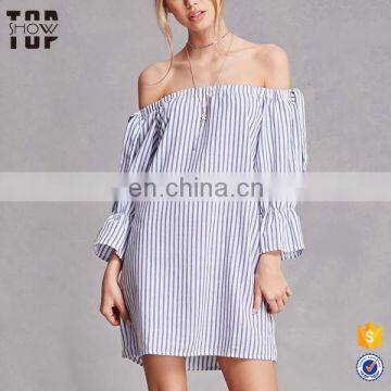 Made in china elasticized trumpet cuffs allover stripe off shoulde fashion dress