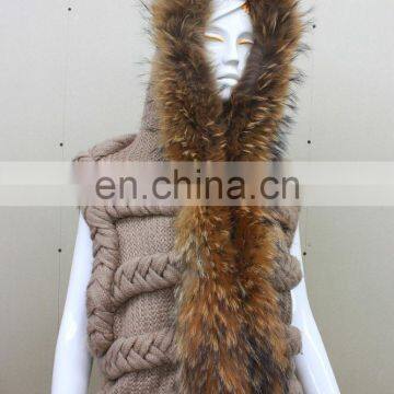 Raccoon Fur Collar Knitted Vest Natural Fur Knitting Waistcoat Fur Hood Knit Vest