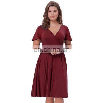 Hanna Nikole Dark Red Short Sleeve V-Neck Plus Size Bridesmaid Swing Summer Dress HN0017-1