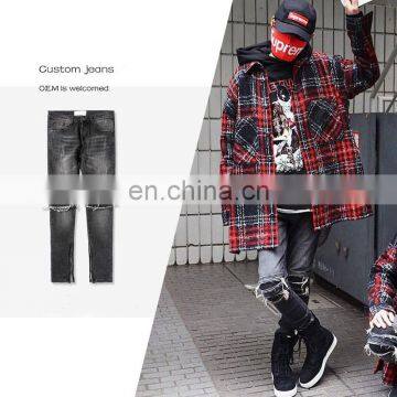 Custom man straight Skinny Biker ripped men denim jeans street wear stretch zipper side of leg pant